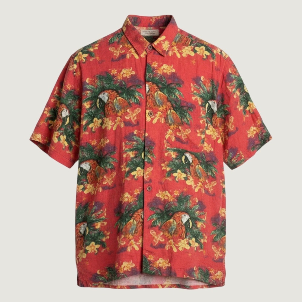 Island Republic Mens Red Tropical Parrot Print Hawaiian Button Down Shirt Medium